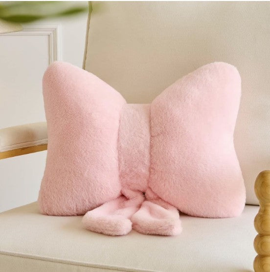 Pink Bow Throw Pillow – Faux Rabbit Fur Bow Cushion for Coquette Aesthetic Bedroom & Sofa Decor