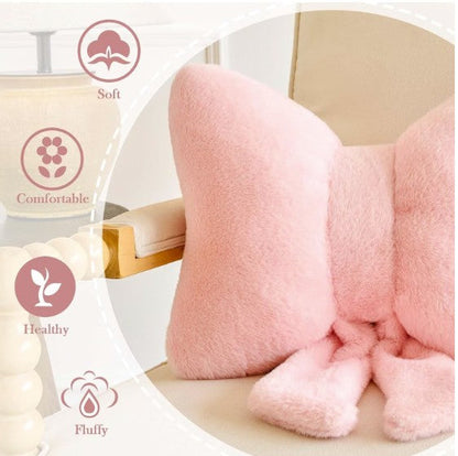 Pink Bow Throw Pillow – Faux Rabbit Fur Bow Cushion for Coquette Aesthetic Bedroom & Sofa Decor