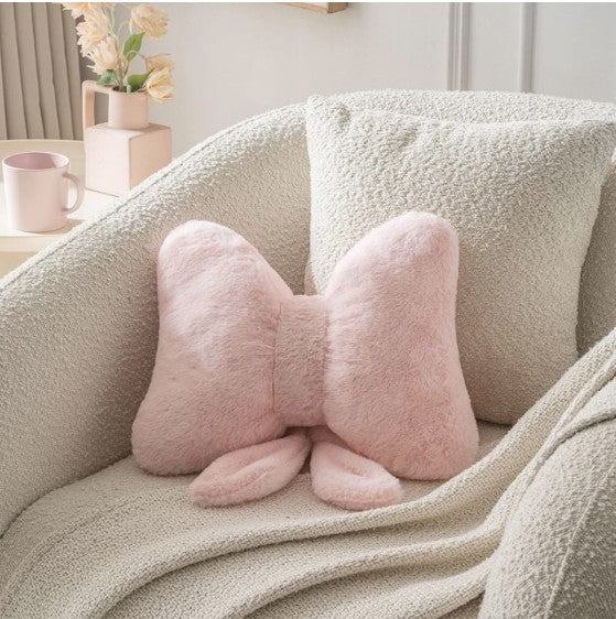 Pink Bow Throw Pillow – Faux Rabbit Fur Bow Cushion for Coquette Aesthetic Bedroom & Sofa Decor
