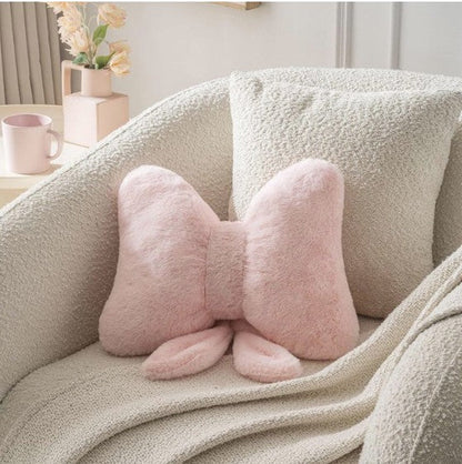 Pink Bow Throw Pillow – Faux Rabbit Fur Bow Cushion for Coquette Aesthetic Bedroom & Sofa Decor