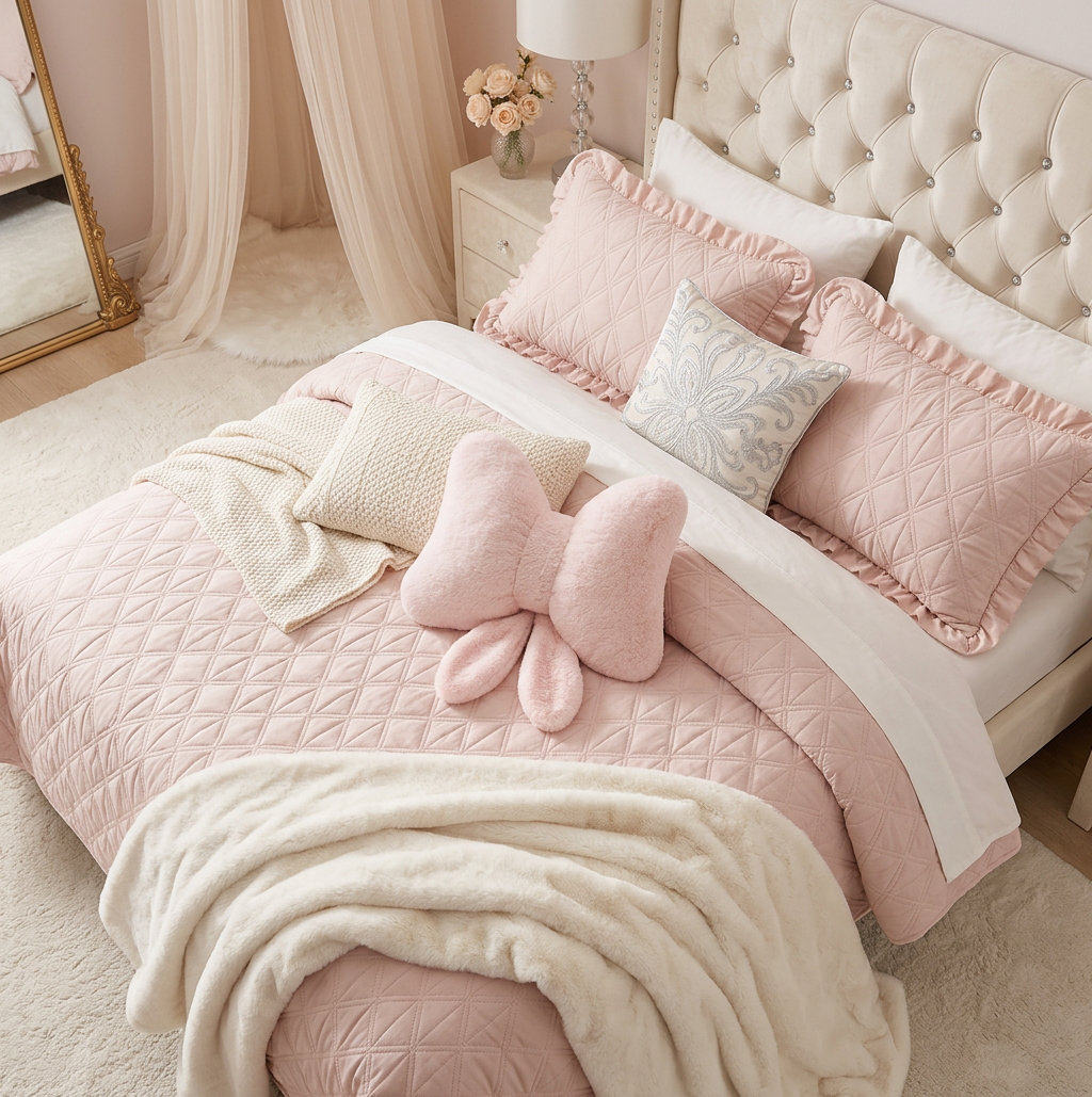 Pink Bow Throw Pillow – Faux Rabbit Fur Bow Cushion for Coquette Aesthetic Bedroom & Sofa Decor