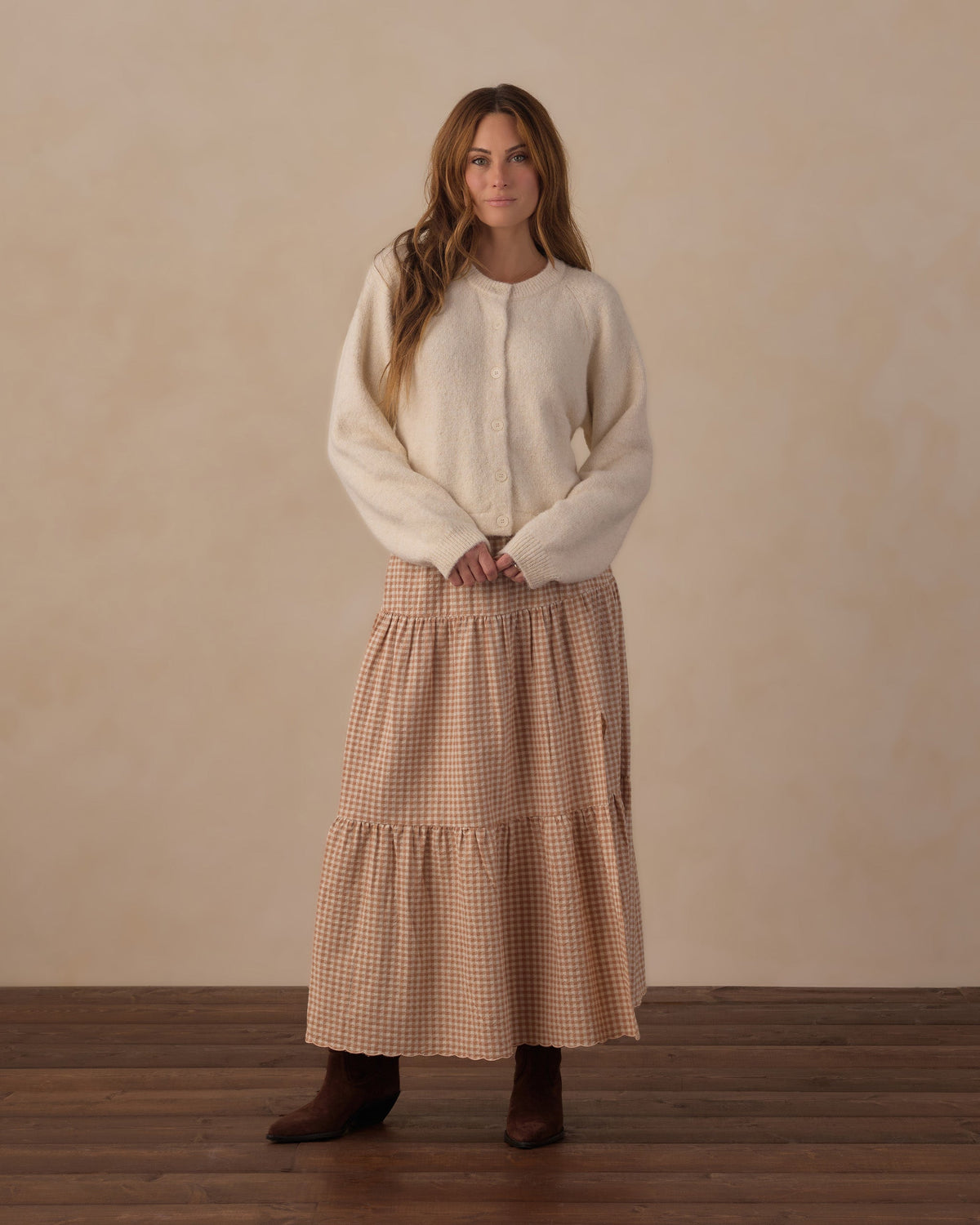 Tiered Midi Skirt- Fawn Gingham