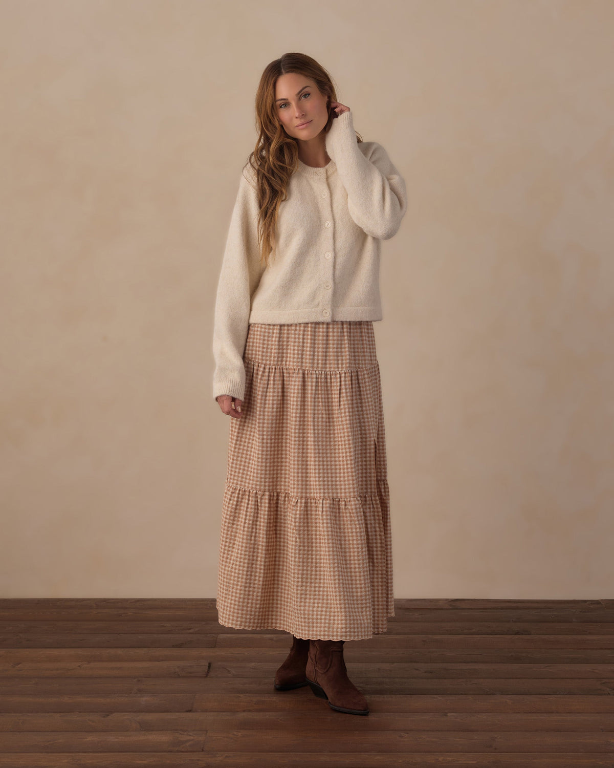 Tiered Midi Skirt- Fawn Gingham