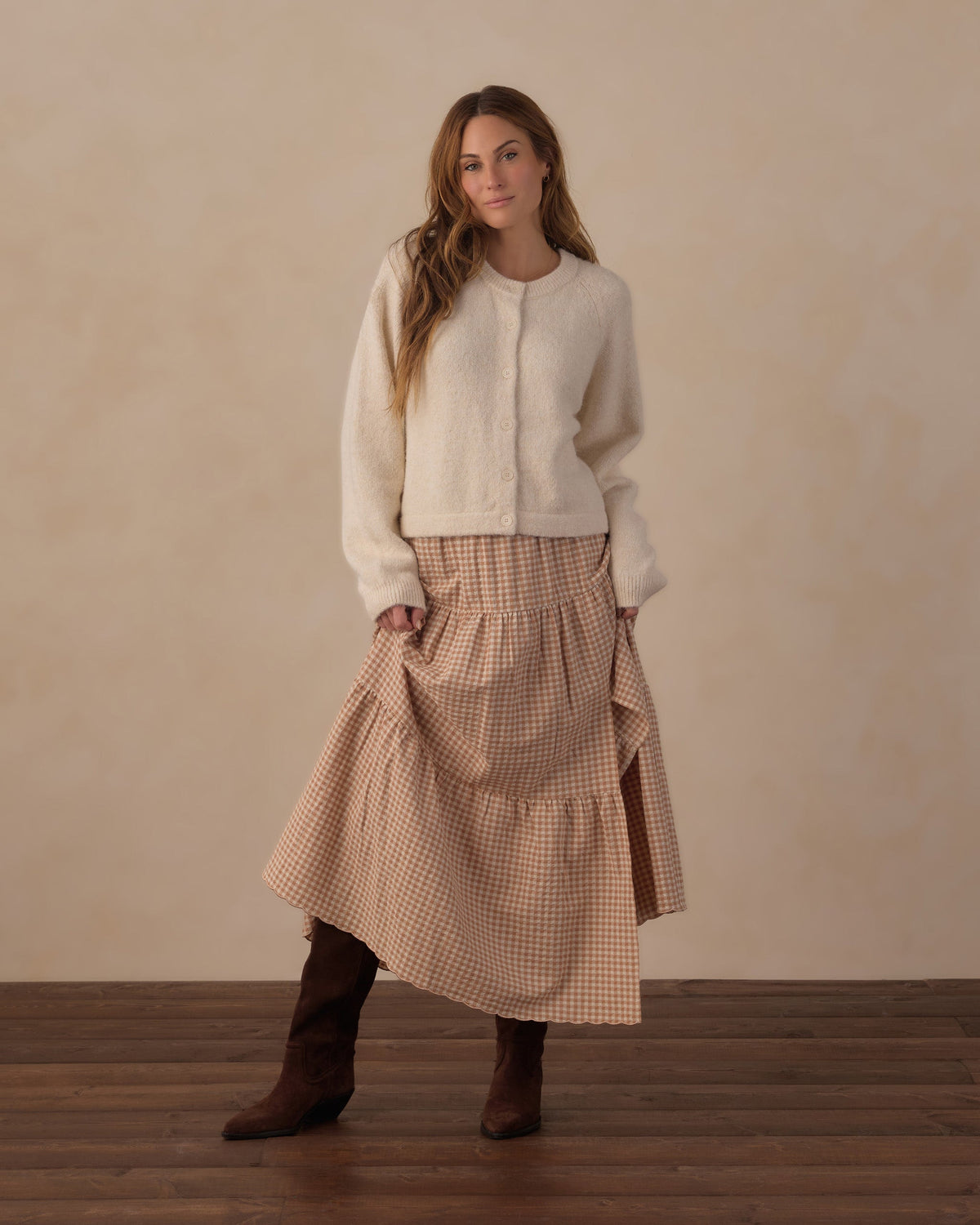 Tiered Midi Skirt- Fawn Gingham