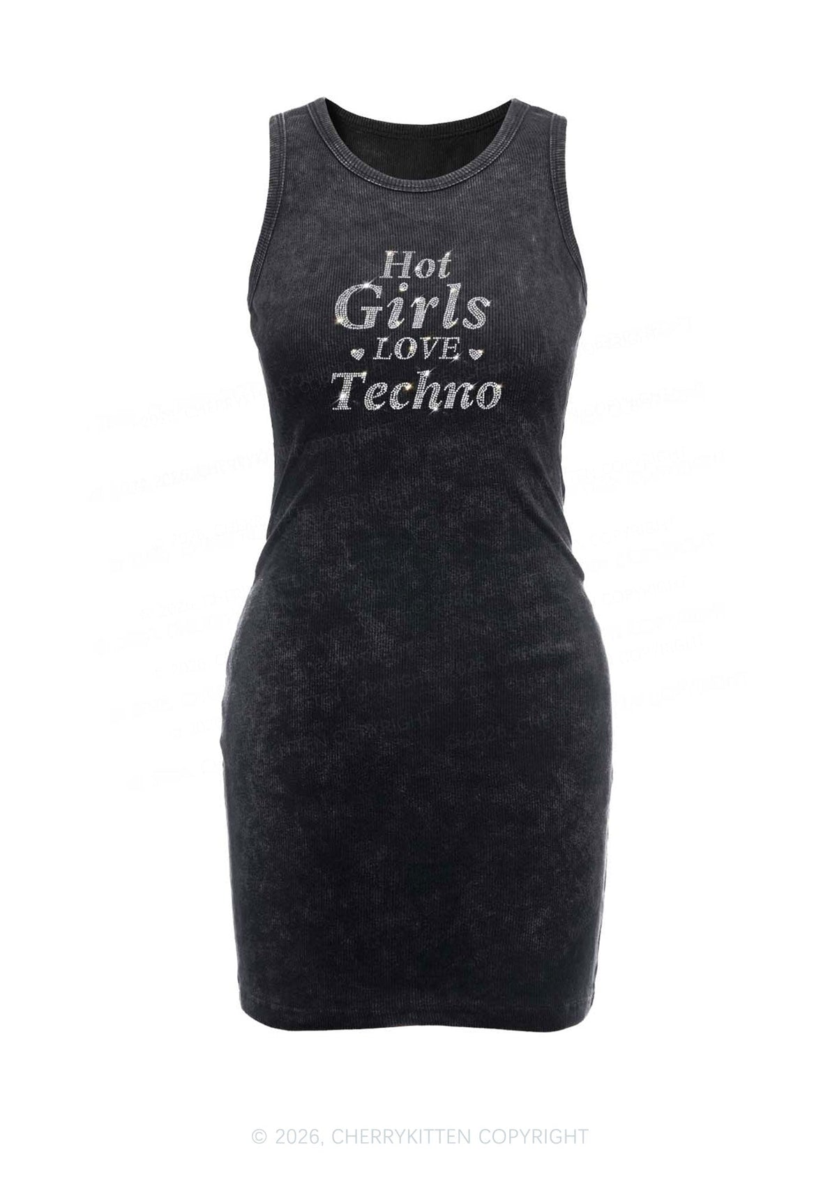 Rhinestone Hot Girls Love Techno Y2K Washed Tank Dress Cherrykitten