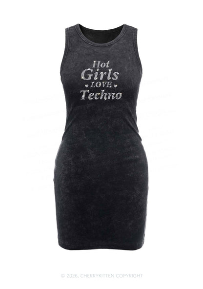 Rhinestone Hot Girls Love Techno Y2K Washed Tank Dress Cherrykitten