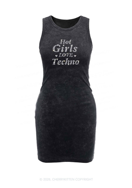Rhinestone Hot Girls Love Techno Y2K Washed Tank Dress Cherrykitten