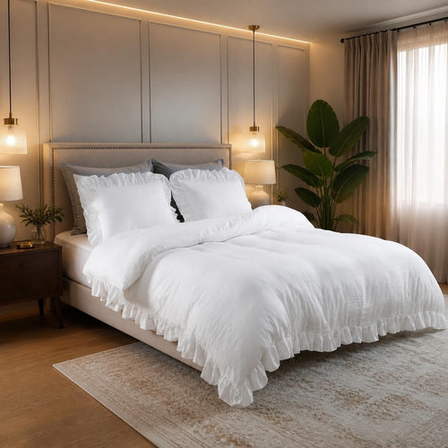 Queen White Microfiber Ruffle Duvet Cover Set, 3-Piece