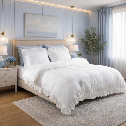 Queen White Microfiber Ruffle Duvet Cover Set, 3-Piece