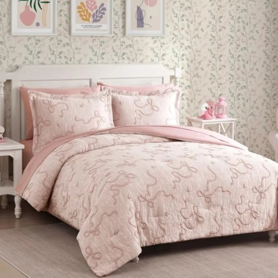 Blush Pink Comforter Set - 7 Piece Shabby Chic Bedding with 3D Bowknot Design & Soft Fabric