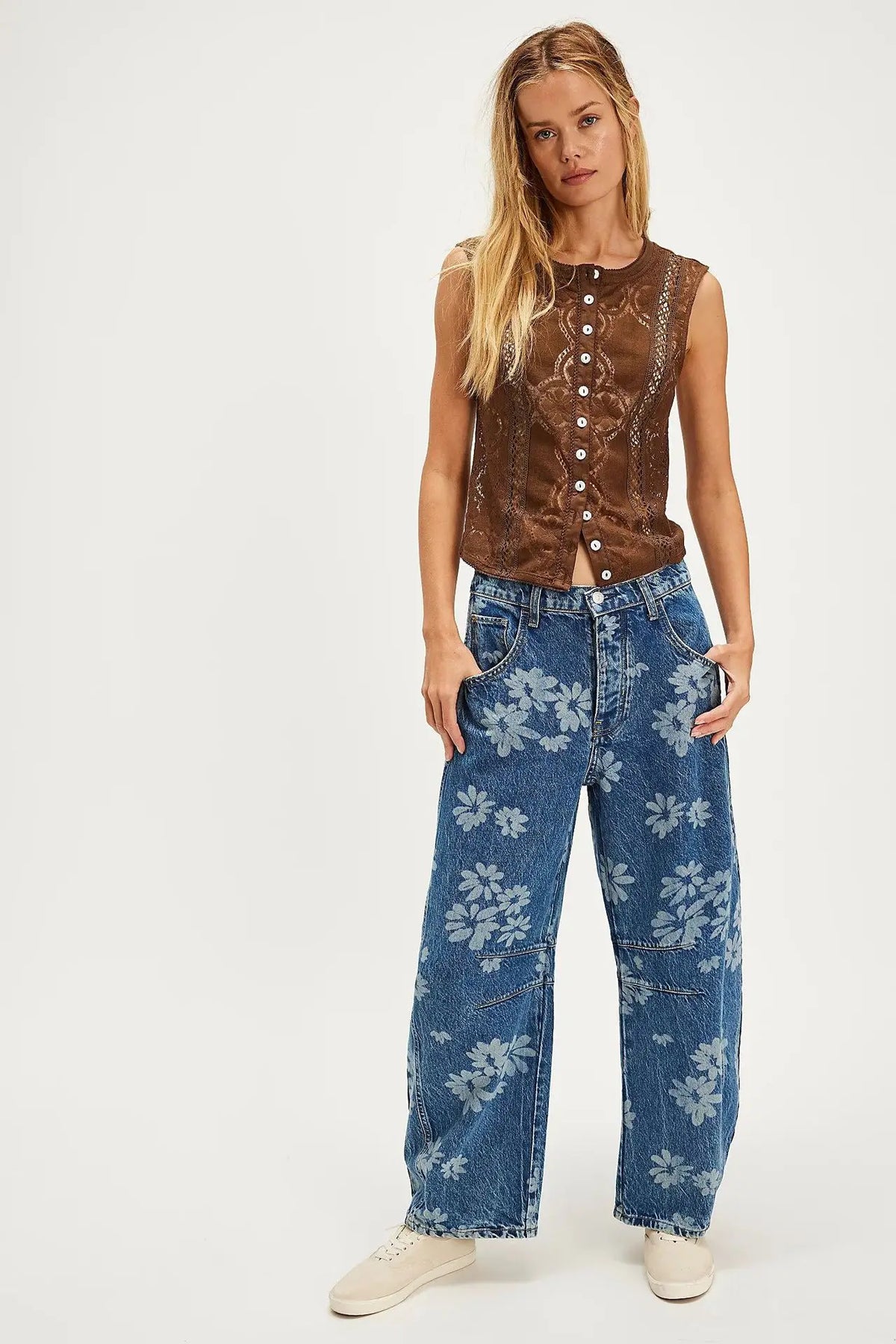 Boho Beach Blue Cotton Denim Jeans For Women Pants Casual loose Mid Waist Tube Shaped Women's Jeans Floral Printed Baggy Jeans
