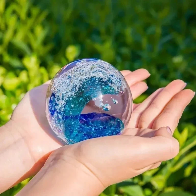 Hand-Blown Glass Paperweight - Unique Ocean Wave Design in Green & Sky Blue, 8cm Decor