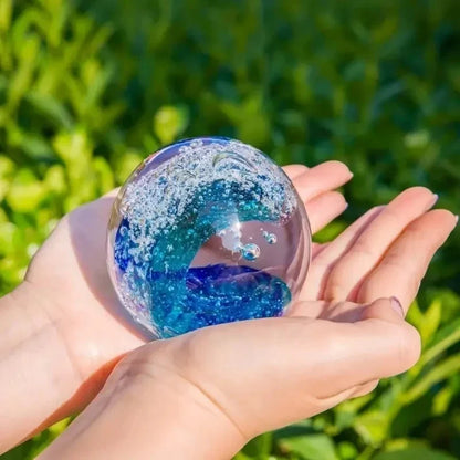 Hand-Blown Glass Paperweight - Unique Ocean Wave Design in Green & Sky Blue, 8cm Decor