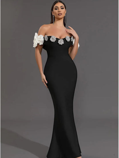 Women Celebrity Sexy Off Shoulder Flower Black Maxi Long Bodycon Bandage Dress 2024 Knitted Elegant Evening Club Party Outfit
