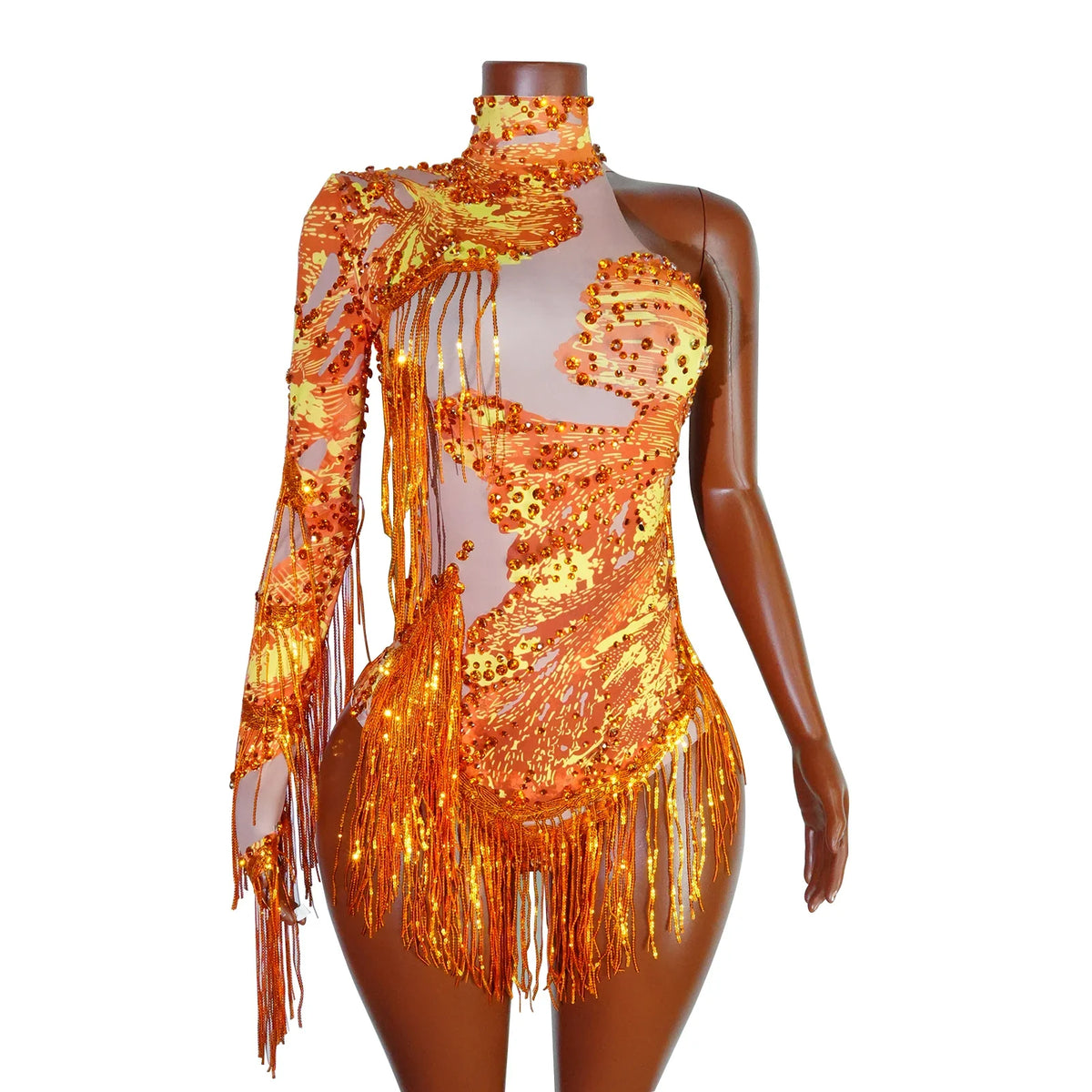 NEW womens bodysuit Sexy Leopard sequin tassels High Collar Bodycon team performance pole dance drag queen outfit singer stage