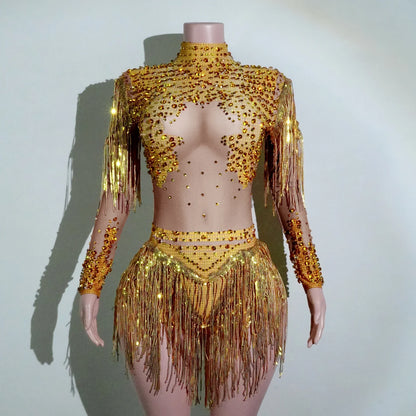 NEW womens bodysuit Sexy Leopard sequin tassels High Collar Bodycon team performance pole dance drag queen outfit singer stage