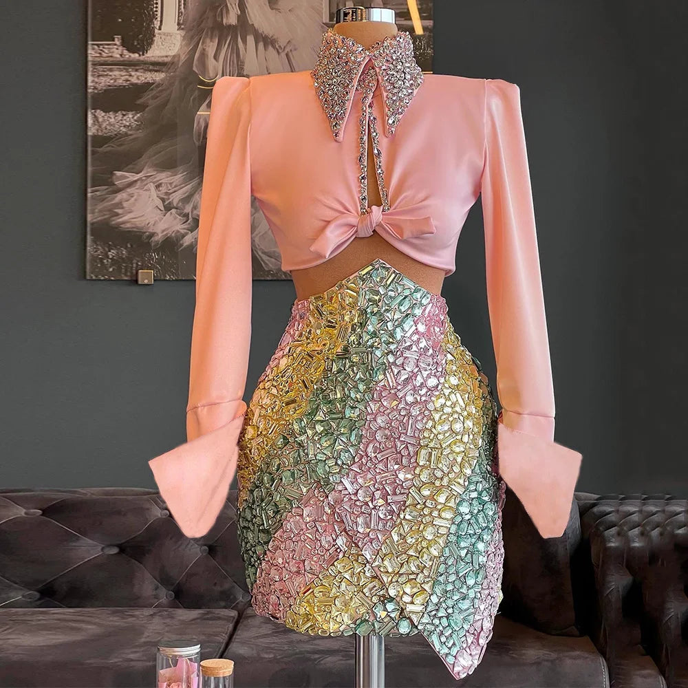 Exquisite Evening Dress Customized High Neck Long Sleeves Crystal Stone Two Piece Cocktail Party Gown Prom Dresses