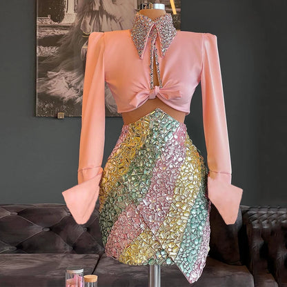 Exquisite Evening Dress Customized High Neck Long Sleeves Crystal Stone Two Piece Cocktail Party Gown Prom Dresses