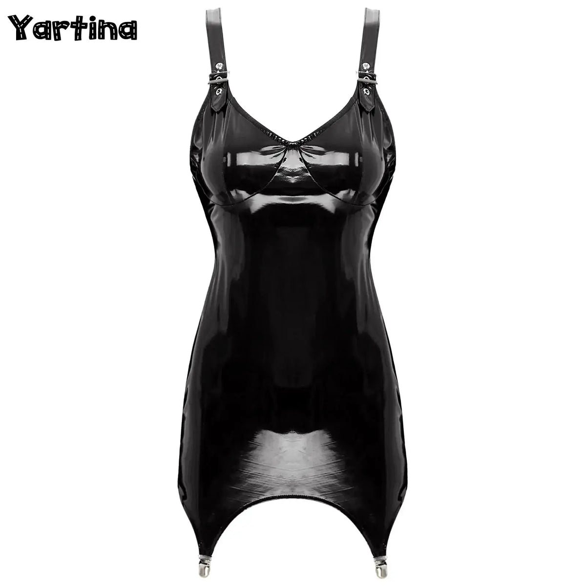 Womens Latex Bodycon Tight Mini Dress Rave Clubwear Back Zipper Glossy Patent Leather Bodycon Short Dress with Garter Clips