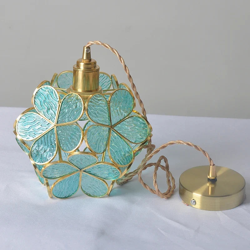 Flower-Shaped Pendant Light - 22Cm Blue Pink Glass with Vintage Brass Finish for Elegant Decor