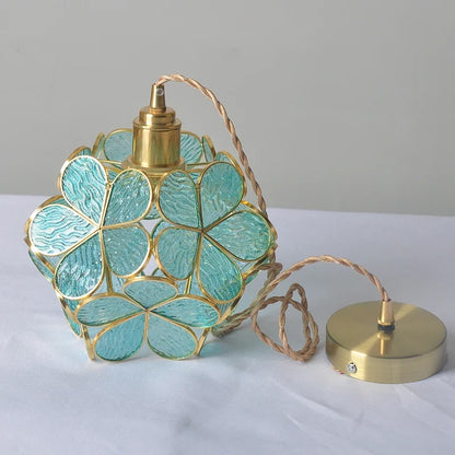Flower-Shaped Pendant Light - 22Cm Blue Pink Glass with Vintage Brass Finish for Elegant Decor