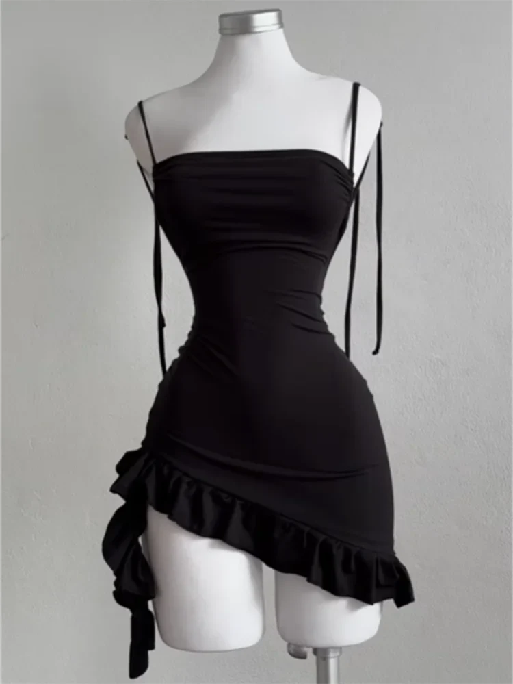 Sleeveless Backless Ruffles Mini Dress Women Summer Y2K Lace Up Black Bodycon Dresses Party Club Streetwear 2025 New Sundress