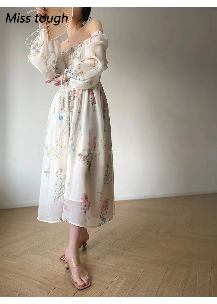 Summer Floral Print Dress Women Sexy French Style Vintage Party Midi Dresses Casual Korean Fashion Elegant Retro Dress 2024 New