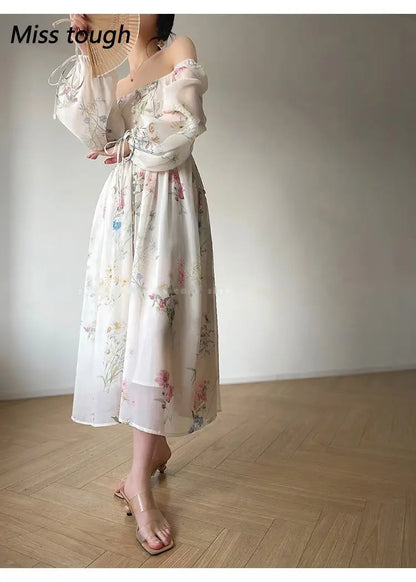 Summer Floral Print Dress Women Sexy French Style Vintage Party Midi Dresses Casual Korean Fashion Elegant Retro Dress 2024 New