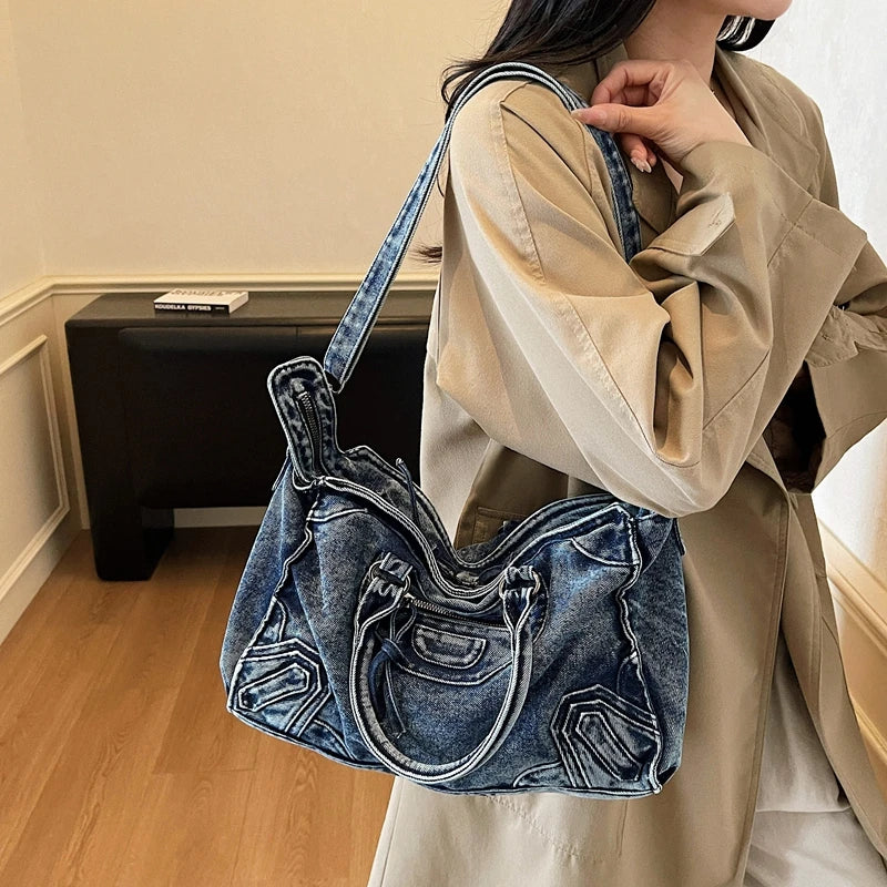 Large Capacity Women Denim Handbags Tote Bags High Quality Ladies Solid Shoulder Messenger Bags Casual Female Big Crossbody Bags