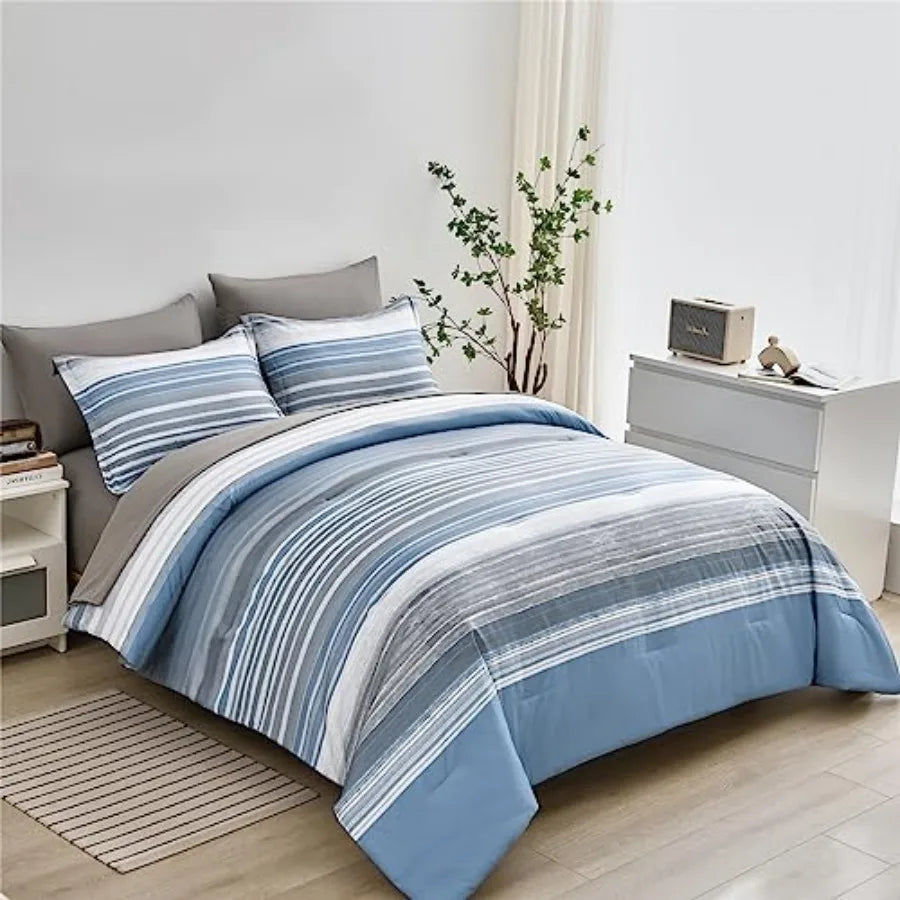 7-Piece Light Blue & White Striped Microfiber Queen Bedding Set