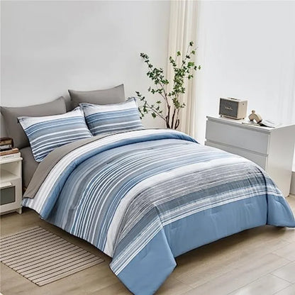 7-Piece Light Blue & White Striped Microfiber Queen Bedding Set