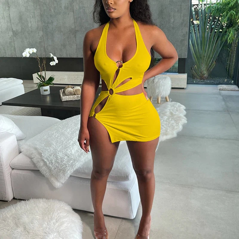 Summer Dresses Woman 2022 High Street Stretch Slim Hollow Sexy Mini Bodycon Dress Elegant Orange Sleeveless Club Party Sundress