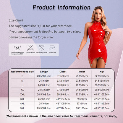 Womens Latex Bodycon Tight Mini Dress Rave Clubwear Back Zipper Glossy Patent Leather Bodycon Short Dress with Garter Clips