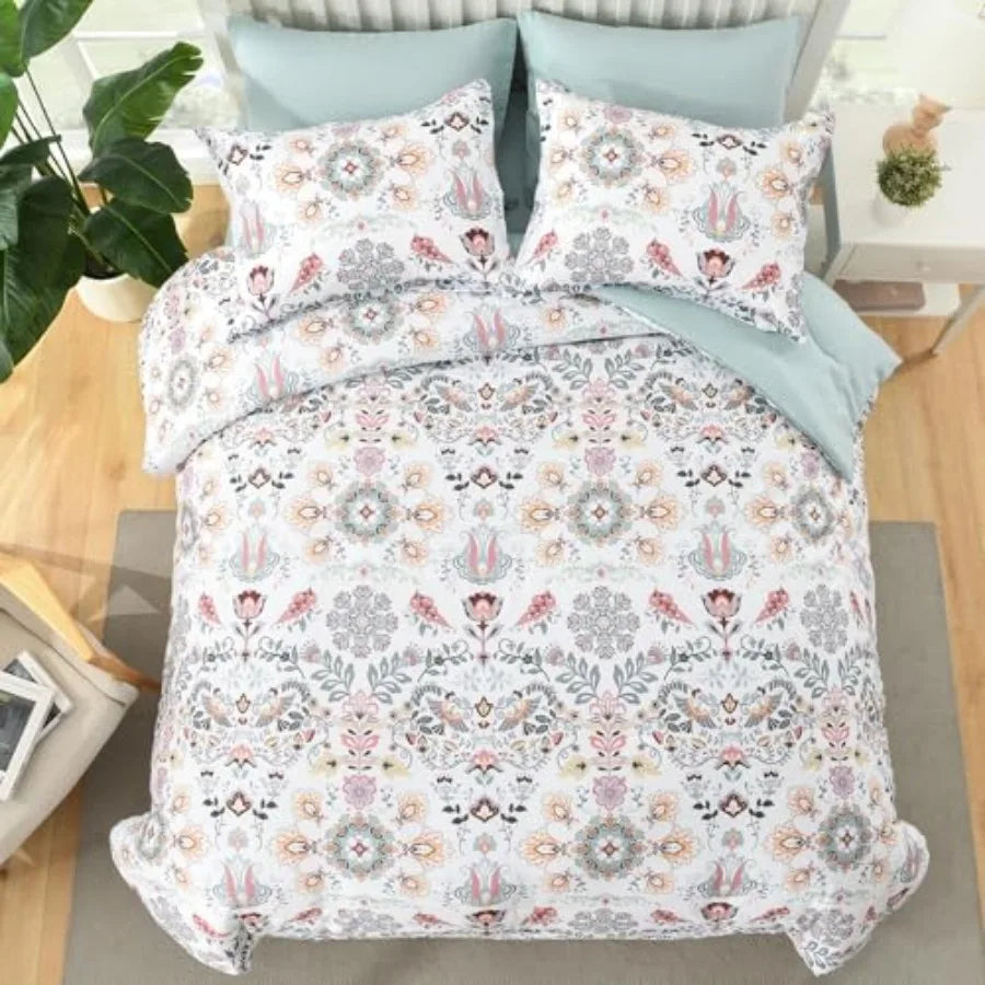 Boho Floral Comforter Set - 7 Piece Queen Bedding in Light Green Microfiber with Elegant Design