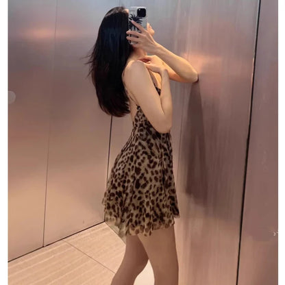 MUJER 2025 Tulle Mini Dress Woman Leopard Print Slip Dress Women Sexy Backless Short Dresses for Women Draped Party Dresses