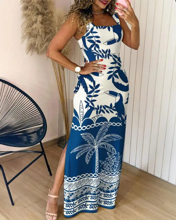 Sexy Slim Printed Dress Fashion Square Collar Suspender Side Split Long Dresses Spring Summer New Vacation Style Women Clothing