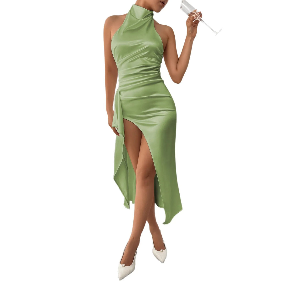 2026 New Arrival Women Round Neck Sexy Ruched Backless Bodycon Maxi Dress Split Long Dress