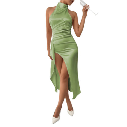 2026 New Arrival Women Round Neck Sexy Ruched Backless Bodycon Maxi Dress Split Long Dress