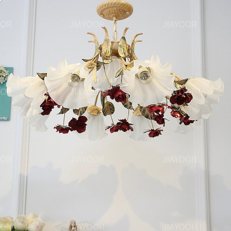 Floral Chandelier with Red Rose Accents, Golden Vines & LED Lights - 4/6/9 Heads
