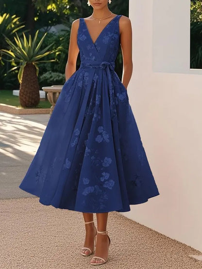 Summer Elegant Evening Party Dress 2025 Sexy V-neck Sleeveless Lace-up Chic Pleated Dresses Boho Womens A-Line Prom Dress Robe