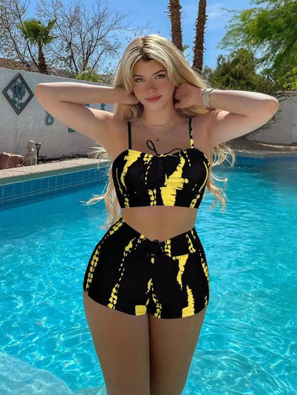 High Waist Split Swimsuit Sexy Striped Printed Bikini Women Swimwear Female Swimsuit Two-pieces Bikini Set Bather Bathing Suit S