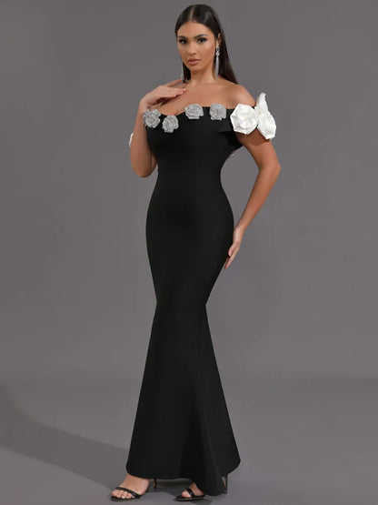 Women Celebrity Sexy Off Shoulder Flower Black Maxi Long Bodycon Bandage Dress 2024 Knitted Elegant Evening Club Party Outfit