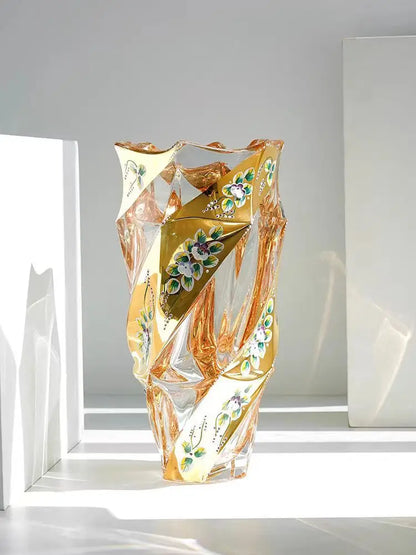 23Cm Thickened Glass Vase with Yellow Gold Floral Design - Modern European Luxury Decor