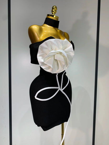 Women Sexy Off Shoulder White Flower Black Mini Bodycon Bandage Dress Luxury 2025 Celebrity Evening Club  Elegant Party Gowns