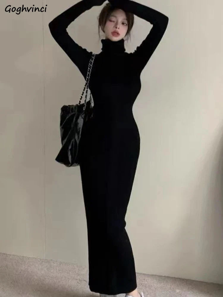 Turtleneck Black Dresses Women Solid Skinny Ladies Clothing Autumn Ankle-length Bodycon Long Sleeve Sexy Warm Fashion Trumpet