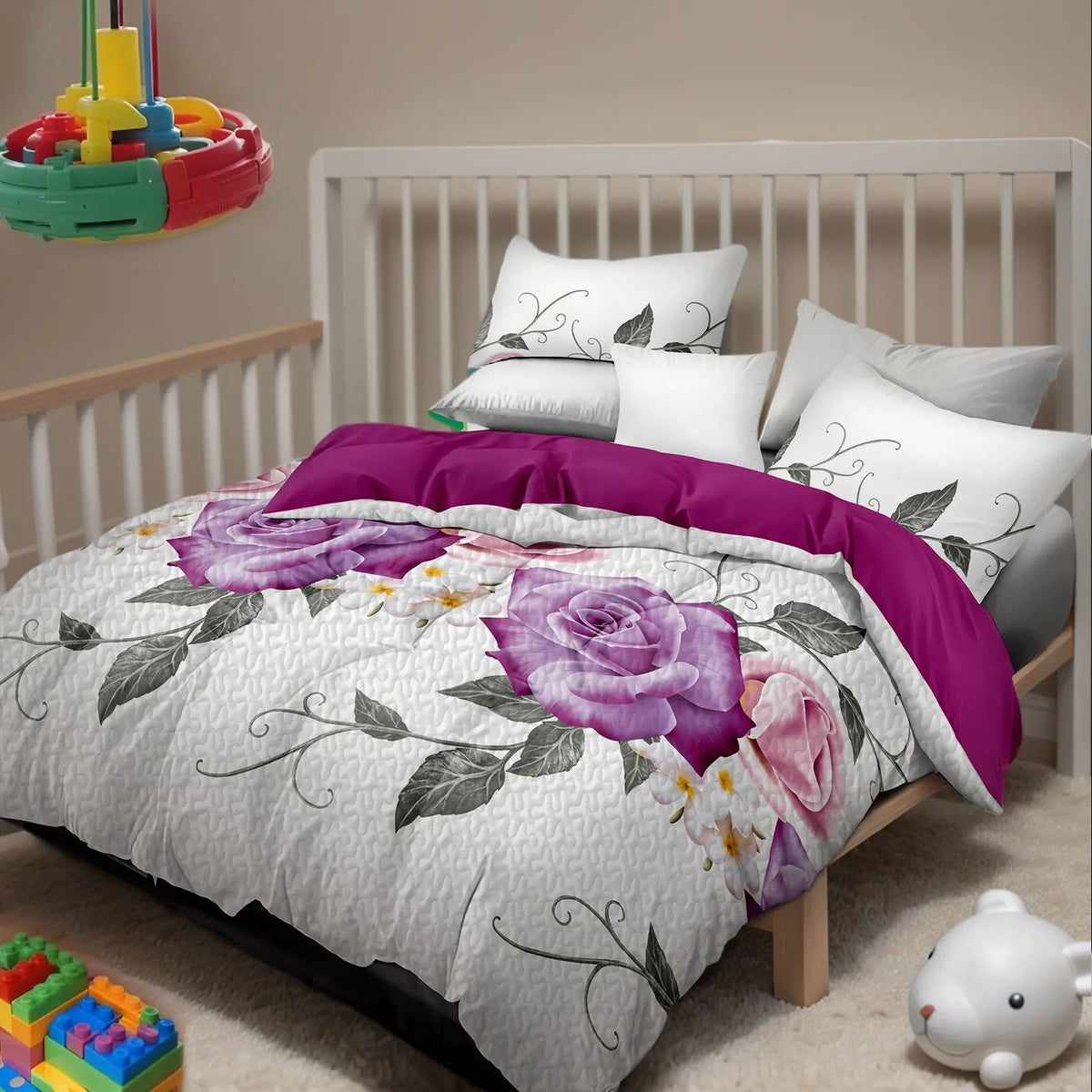Queen 9-Piece Purple Rose Bedding and Curtain Set with Quilted Bedspread, Shams & Sheer Panels for a Complete Bedroom Refresh