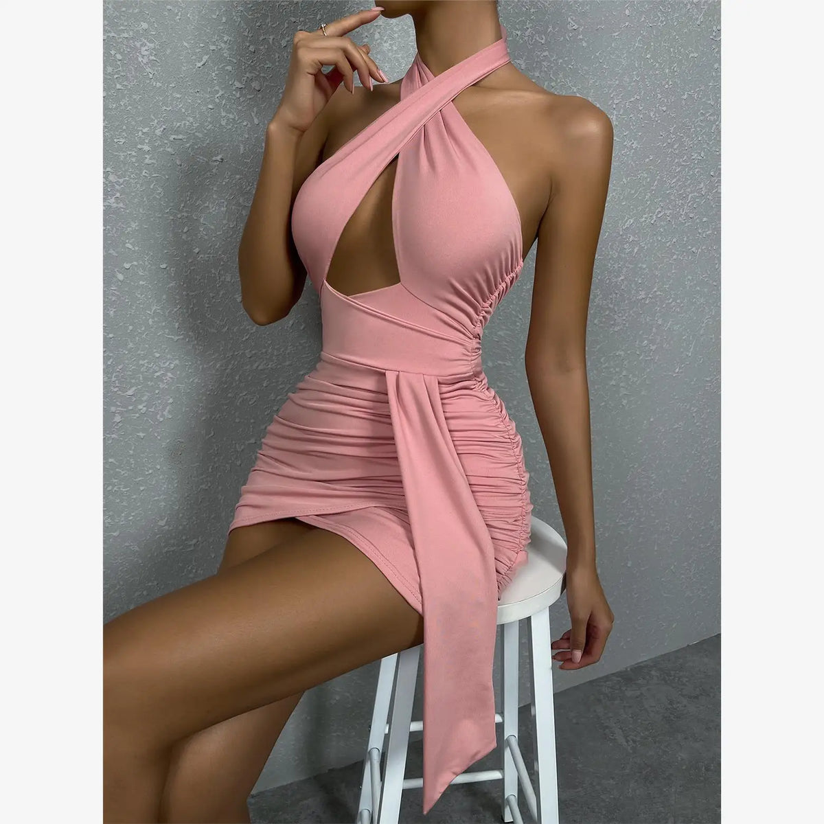 Sexy ort Cross-Ne Bodycon Dr Pink Pleated Skirt Street Sle High Waist Polyester Cotton Blend mid Stretch All Seasons