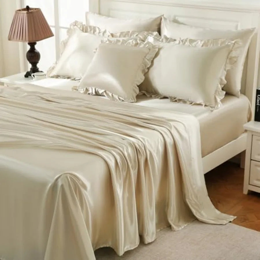 Beige Satin Ruffle Comforter Set – Luxury Silky 8-Piece Bedding