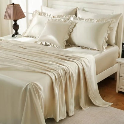 Beige Satin Ruffle Comforter Set – Luxury Silky 8-Piece Bedding