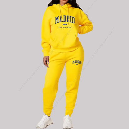 New Ladies TrackSuit Autumn Winter Hoodies Sweatshirts Sweatpants 2 Piece Outfits Madrid Print Trend Sportwear Women Pants Sets